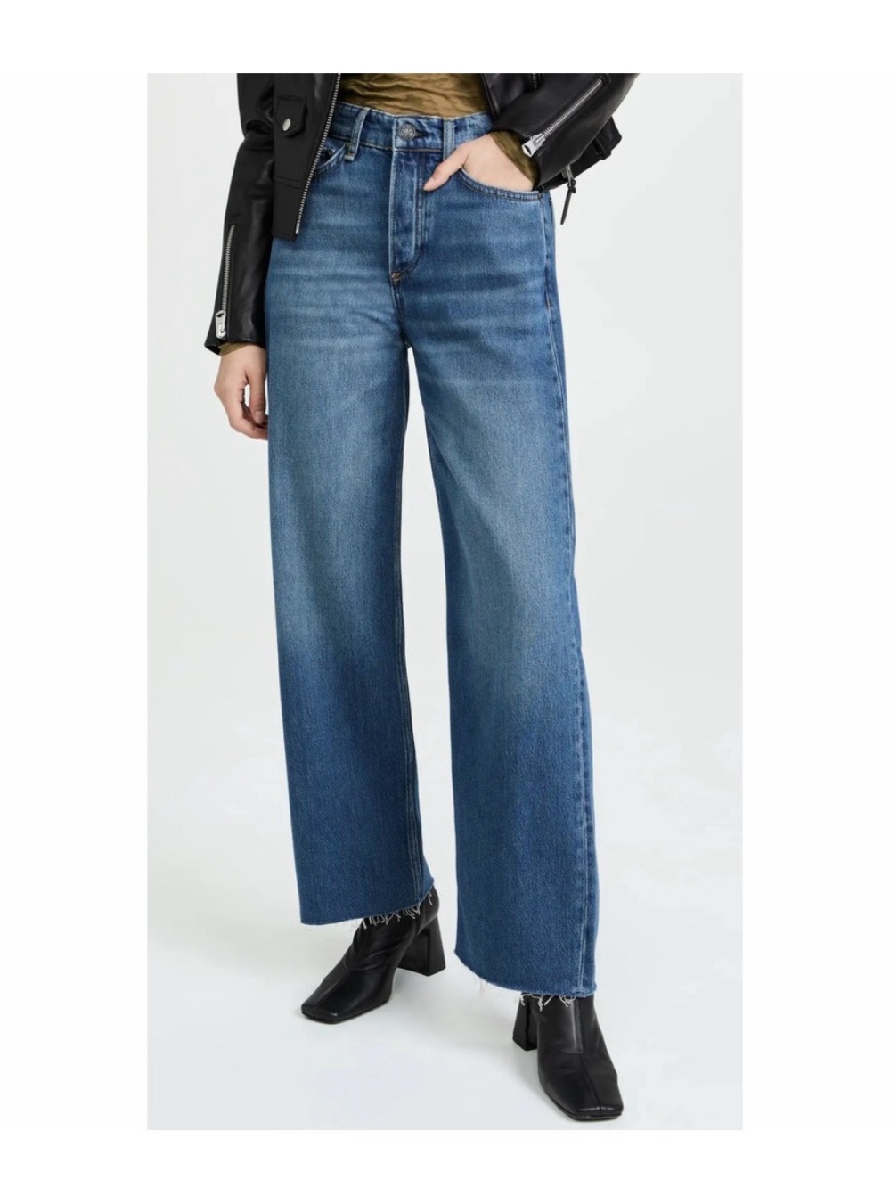 Rag & Bone Logan High-Rise wide leg Raw Hem Denim Jeans Jasper Medium Wash 25